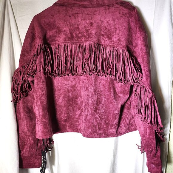 Blank NYC‎ Faux Suede Fringe Jacket Snap Closure & Chest Pockets Medium Burgundy - Picture 4 of 9
